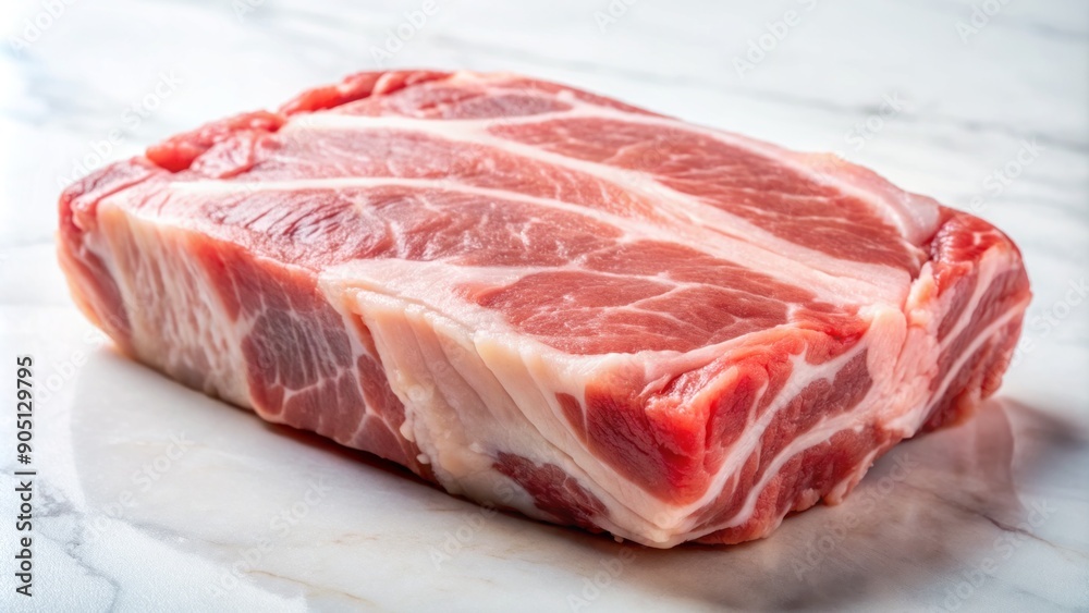 A fresh raw pork jowl showcases its beautiful marbled appearance with a light pink color, photographed at a slight angle to highlight its meaty texture. A fresh raw pork jowl showcases its beautiful marbled appearance with a light pink color, photographed at a slight angle to highlight its meaty texture.