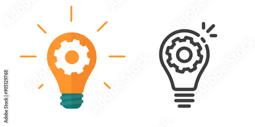 Light bulb icon with cog wheel gear icon simple vector graphic illustration set flat cartoon and line outline stroke clip art as idea invention in technology pictogram, customize settings lightbulb
