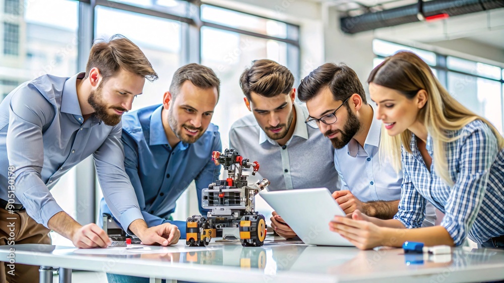 A diverse group of professionals gathered around a table, intently examining and discussing a small robot or mechanical device. The scene captures a moment of teamwork, creativity. A diverse group of professionals gathered around a table, intently examining and discussing a small robot or mechanical device. The scene captures a moment of teamwork, creativity.