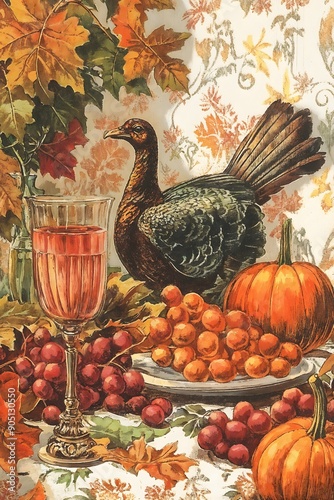 Thanksgiving still life with turkey, pumpkin, grapes, and wine glass surrounded by autumn leaves and seasonal harvest on a warm beige background. Ideal for holiday cards, invitations, menus