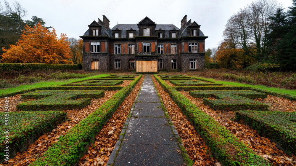 A grand, abandoned mansion surrounded by neatly trimmed hedges and autumn foliage, evoking a sense of nostalgia and mystery. A grand, abandoned mansion surrounded by neatly trimmed hedges and autumn foliage, evoking a sense of nostalgia and mystery.