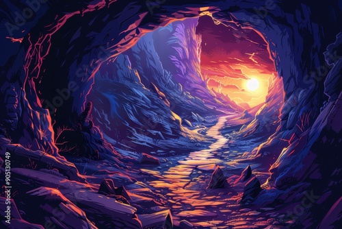 Mysterious Cave Entrance With Glowing Sunset photo