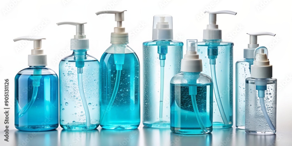 A collection of various hand sanitizers with different sizes, shapes, and labels, illuminated against a clean and transparent background, showcasing cleanliness and hygiene. A collection of various hand sanitizers with different sizes, shapes, and labels, illuminated against a clean and transparent background, showcasing cleanliness and hygiene.