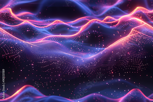 Seamless abstract texture featuring waves with glowing dots and lines, creating a futuristic and dynamic design with depth.

