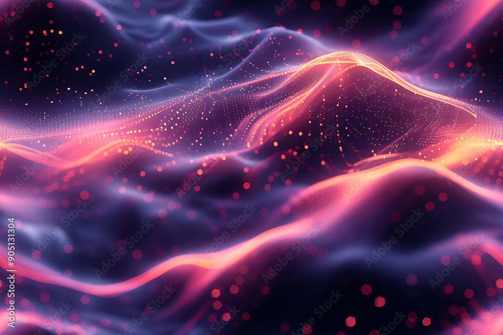 Obraz premium Seamless abstract texture featuring waves with glowing dots and lines, creating a futuristic and dynamic design with depth.