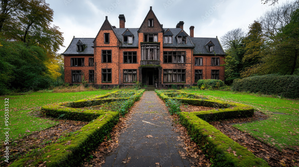 A striking view of an abandoned mansion surrounded by lush greenery and intricate hedges, evoking mystery and nostalgia. A striking view of an abandoned mansion surrounded by lush greenery and intricate hedges, evoking mystery and nostalgia.