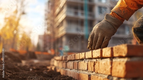 Close-up of a Construction Worker's Hand Laying Bricks photo