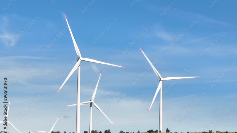 Aerial View of Windmills Farm Rotating on a Sunny Day with a Sky Background. Concept of Eco-Friendly, Alternative Energy, Future Energy, Clean Air, Climate Change, Innovation, Natural Resources Aerial View of Windmills Farm Rotating on a Sunny Day with a Sky Background. Concept of Eco-Friendly, Alternative Energy, Future Energy, Clean Air, Climate Change, Innovation, Natural Resources