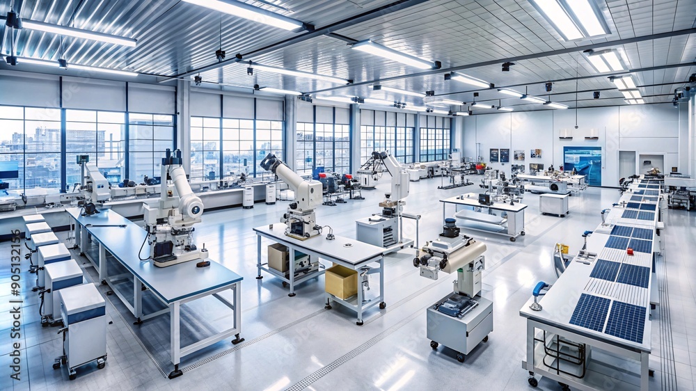 Robotic Arms in a Modern Factory. A spacious, bright factory floor featuring a line of robotic arms prepped for automated manufacturing. Robotic Arms in a Modern Factory. A spacious, bright factory floor featuring a line of robotic arms prepped for automated manufacturing.