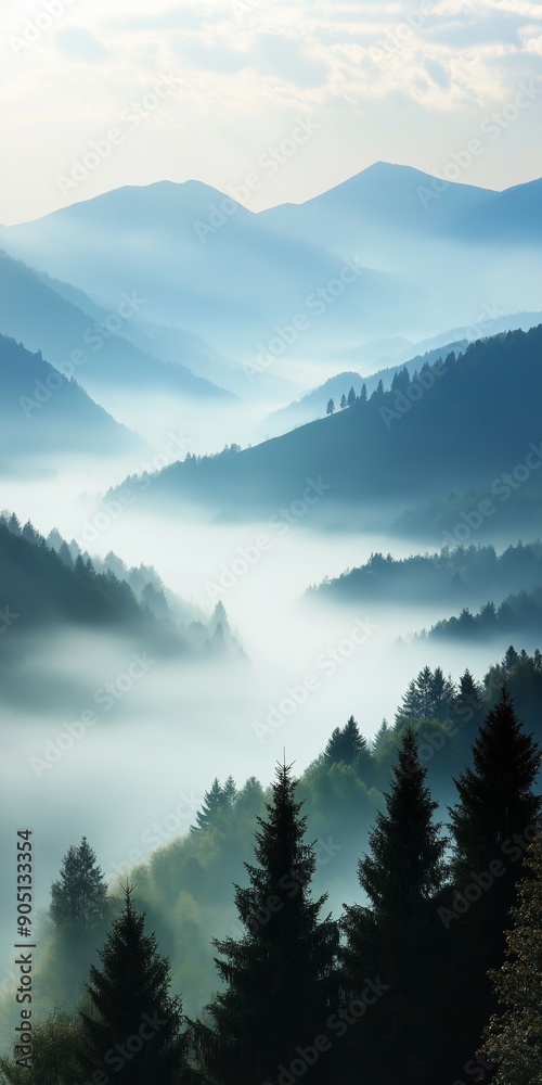 Fototapeta premium The mountains are covered in fog and the trees are tall and green. The sky is blue and the mountains are in the background