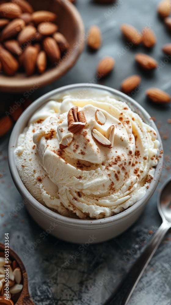 Ice-cream in a grey pot with almonds Ice-cream in a grey pot with almonds