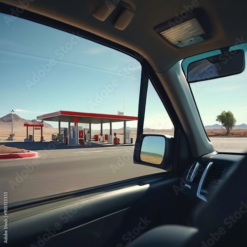 rest area a view in the rearview mirror of a rest area or servic photo