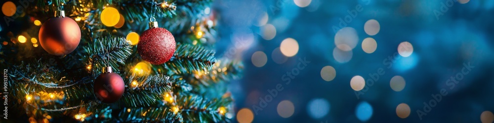 A Christmas tree with red and gold ornaments. The tree is lit up with lights and the ornaments are hanging from the branches A Christmas tree with red and gold ornaments. The tree is lit up with lights and the ornaments are hanging from the branches