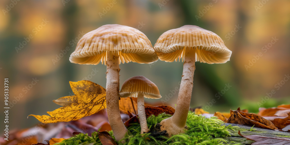 Close-up of three mushrooms sprouting from a moss-covered log with fallen autumn leaves, set against a blurred forest background Close-up of three mushrooms sprouting from a moss-covered log with fallen autumn leaves, set against a blurred forest background