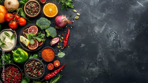 Assortment of fresh vegetables and spices on dark background