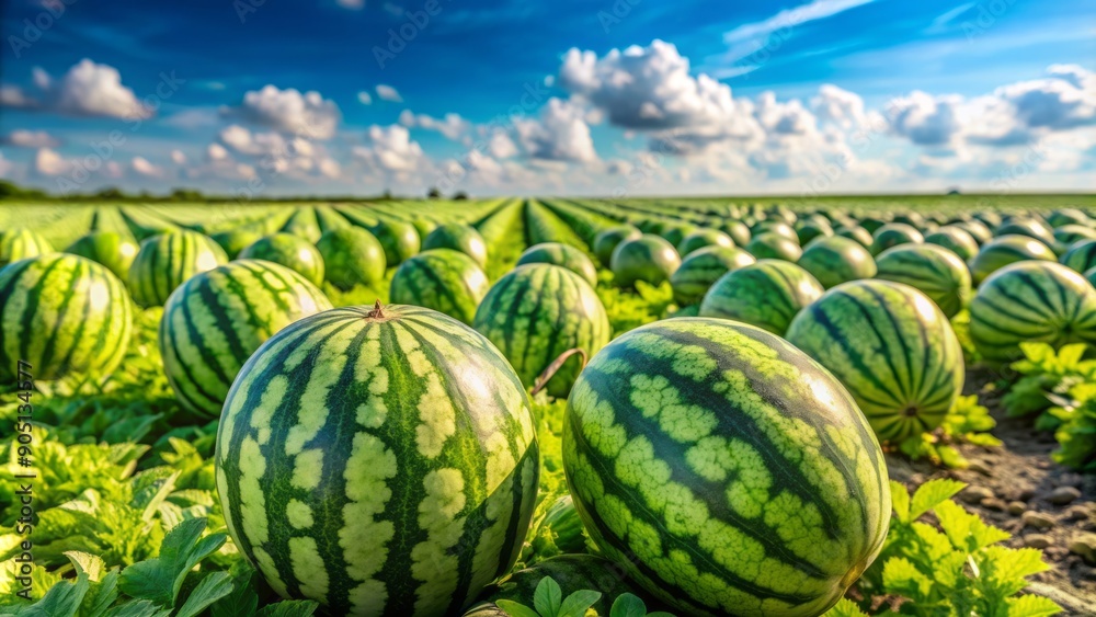 Ripe watermelons sprawl across a sun-kissed farm field, ready for harvest, with a clear copy space above, showcasing the vibrant green and refreshing summer fruit. Ripe watermelons sprawl across a sun-kissed farm field, ready for harvest, with a clear copy space above, showcasing the vibrant green and refreshing summer fruit.