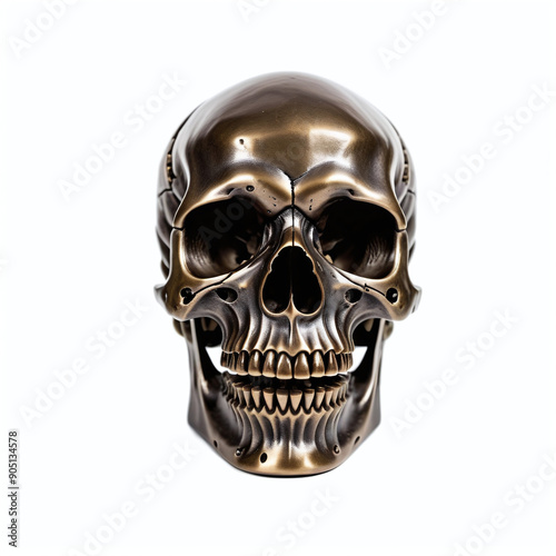 Bronze skull. Front view, Digital illustration. Isolated on white background.