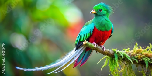 Vibrant feathers of a Resplendent Quetzal bird shine against a clean isolated background, showcasing emerald greens, crimson reds, and iridescent blues in stunning detail.