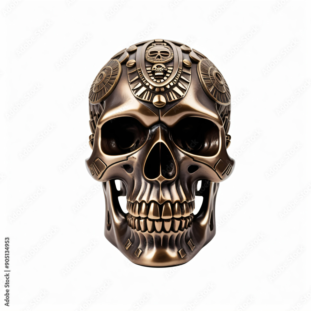Metallic skull. Isolated on white background. Aztec art style, Digital illustration. Metallic skull. Isolated on white background. Aztec art style, Digital illustration.