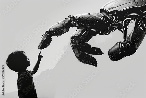 Aboy extends his finger to the finger of the robot's huge hand. Monochrome photo