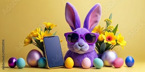 Vibrant purple Easter bunny wears trendy shades and holds a sleek smartphone, surrounded by colorful eggs and flowers in a modern, minimalist setting. photo