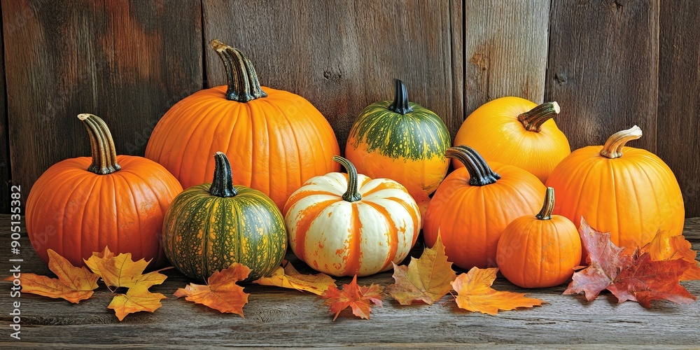 Assorted Autumn Pumpkins with Fall Leaves on Wood Assorted Autumn Pumpkins with Fall Leaves on Wood