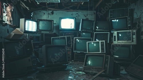 Abandoned room filled with old CRT monitors, dimly lit to symbolize electronic waste and technology's impact. --ar 16:9 photo