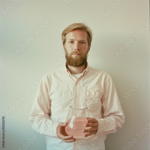 Medium shot of with shabby hairstyle girl holding flask, frame by torso, isolated on a white background, 