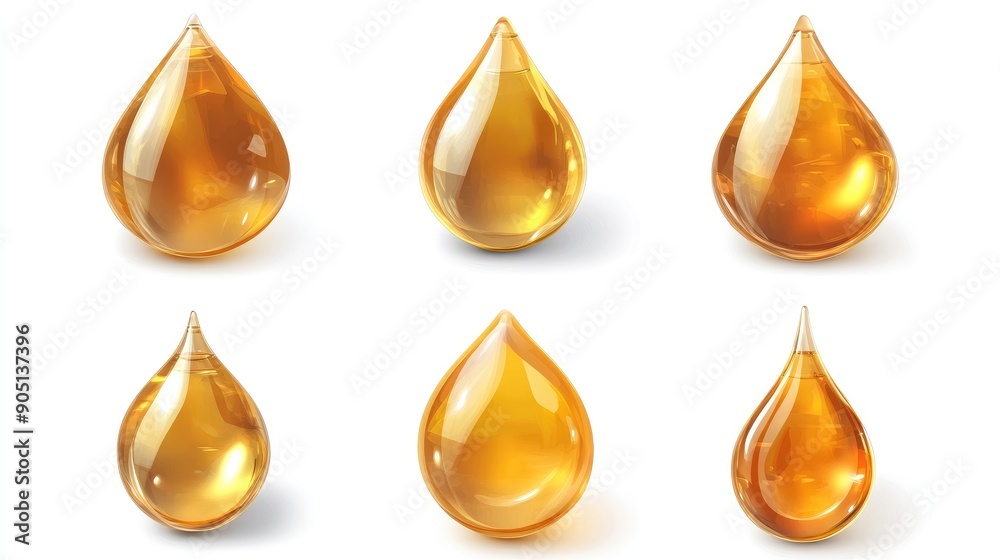 Golden oil droplets collection isolated on white, perfect for highlighting luxury in products. Golden oil droplets collection isolated on white, perfect for highlighting luxury in products.