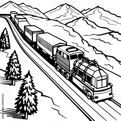 Train Traveling Through Mountain Landscape coloring page