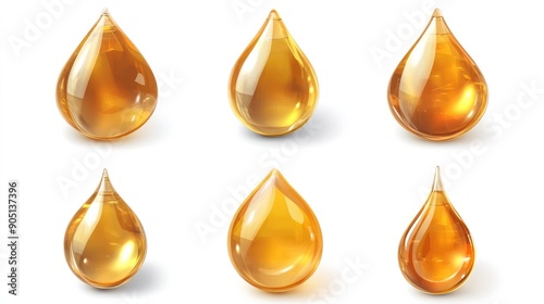 Golden oil droplets collection isolated on white, perfect for highlighting luxury in products.