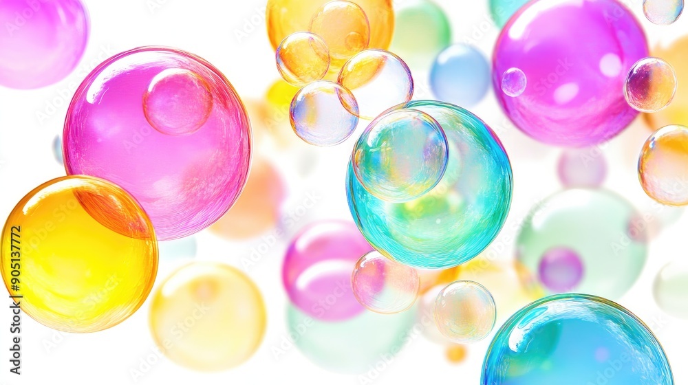 Lively soap bubbles in bright colors on a white background, showcasing a playful and energetic atmosphere. Lively soap bubbles in bright colors on a white background, showcasing a playful and energetic atmosphere.