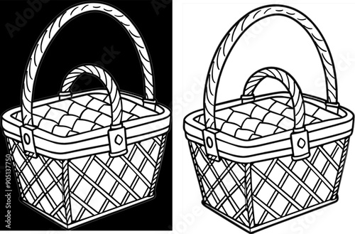 picnic basket, woven wicker, black and white illustration, hand-drawn style,  photo
