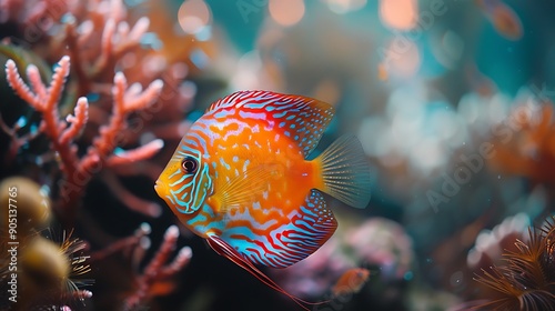 A close-up of a discus fish gliding through a beautifully decorated aquarium, with intricate coral formations and shimmering plants. The soft,