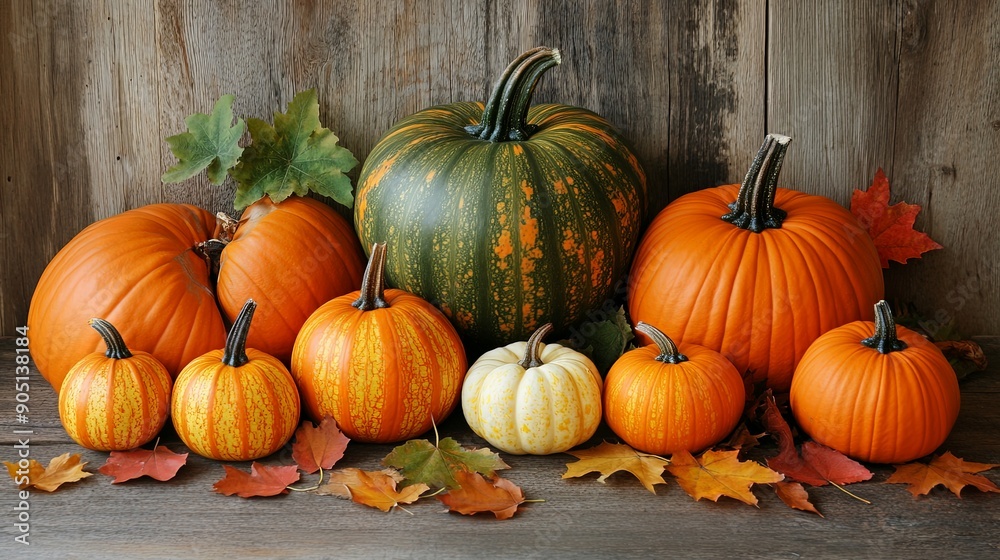 Assorted Autumn Pumpkins with Fall Leaves on Wood Assorted Autumn Pumpkins with Fall Leaves on Wood