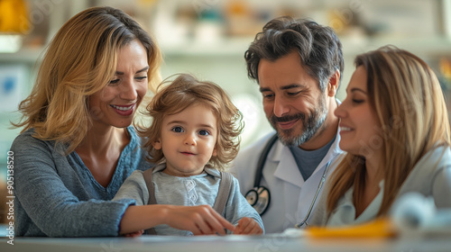 A telephoto angle photo of a nurse checking a toddler's weight and height while the parents watch with interest, with copy space