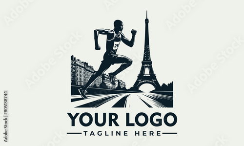 Runner leaps forward, Eiffel Tower background, city skyline Dynamic runner, Eiffel Tower backdrop, urban skyline. Perfect for showcasing athleticism in iconic city settings, travel or fitness concepts