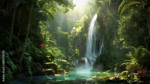 A lush rainforest with a beautiful waterfall, the sunlight illuminating the water as it flows into a pristine pool, surrounded by vibrant flora and towering trees.