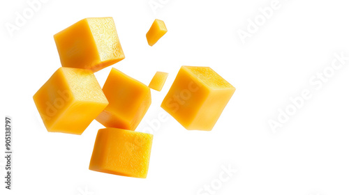 A close up of yellow cubes of cheese