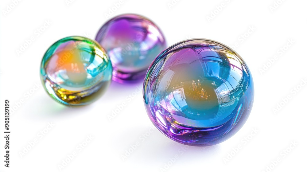 Multicolored soap bubbles isolated on white, featuring shimmering hues and reflective surfaces. Multicolored soap bubbles isolated on white, featuring shimmering hues and reflective surfaces.