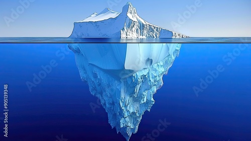 A large iceberg is floating in the ocean