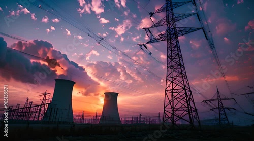 Electrical substation tower at a nuclear power plant. Background of cloudy afternoon sky.