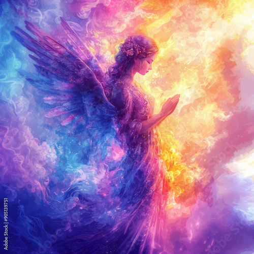 generative illustration. The fairy angel is in prayer in the astral space
