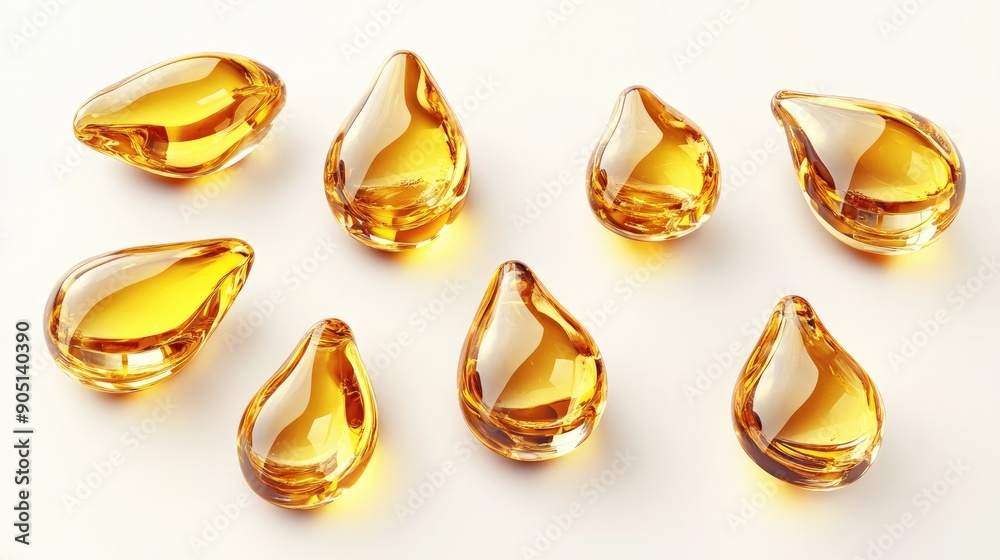 Shiny golden oil droplets set cut out, displaying their pure and glossy texture. Shiny golden oil droplets set cut out, displaying their pure and glossy texture.
