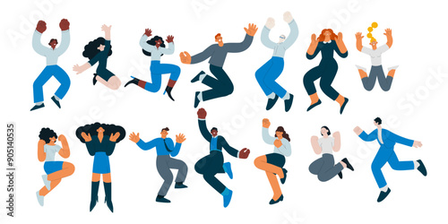 Collection of happy business employee females and males of different skin tones jumping in the air cheerfully isolated on white background. Modern flat vector illustration. Social media concept.