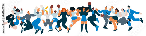 Collection of happy business employee females and males of different skin tones jumping in the air cheerfully isolated on white background. Modern flat vector illustration. Social media concept.