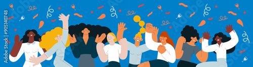 Collection of happy business employee females of different skin tones jumping in the air cheerfully on colorful background with graphic elements. Modern flat vector illustration. Social media concept.