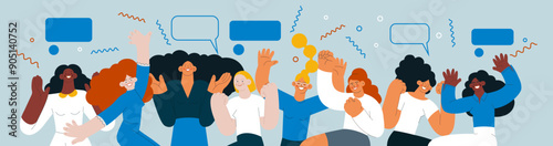 Collection of happy business employee females of different skin tones jumping in the air cheerfully on colorful background with graphic elements. Modern flat vector illustration. Social media concept.