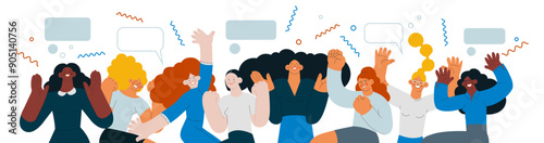 Collection of happy business employee females of different skin tones jumping in the air cheerfully on white background with graphic elements. Modern flat vector illustration. Social media concept.