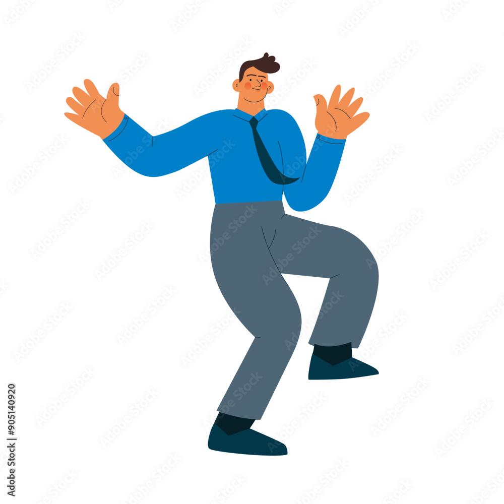 Happy business employee man jumping in the air cheerfully isolated on white background. Modern flat vector illustration. Social media concept. Happy business employee man jumping in the air cheerfully isolated on white background. Modern flat vector illustration. Social media concept.